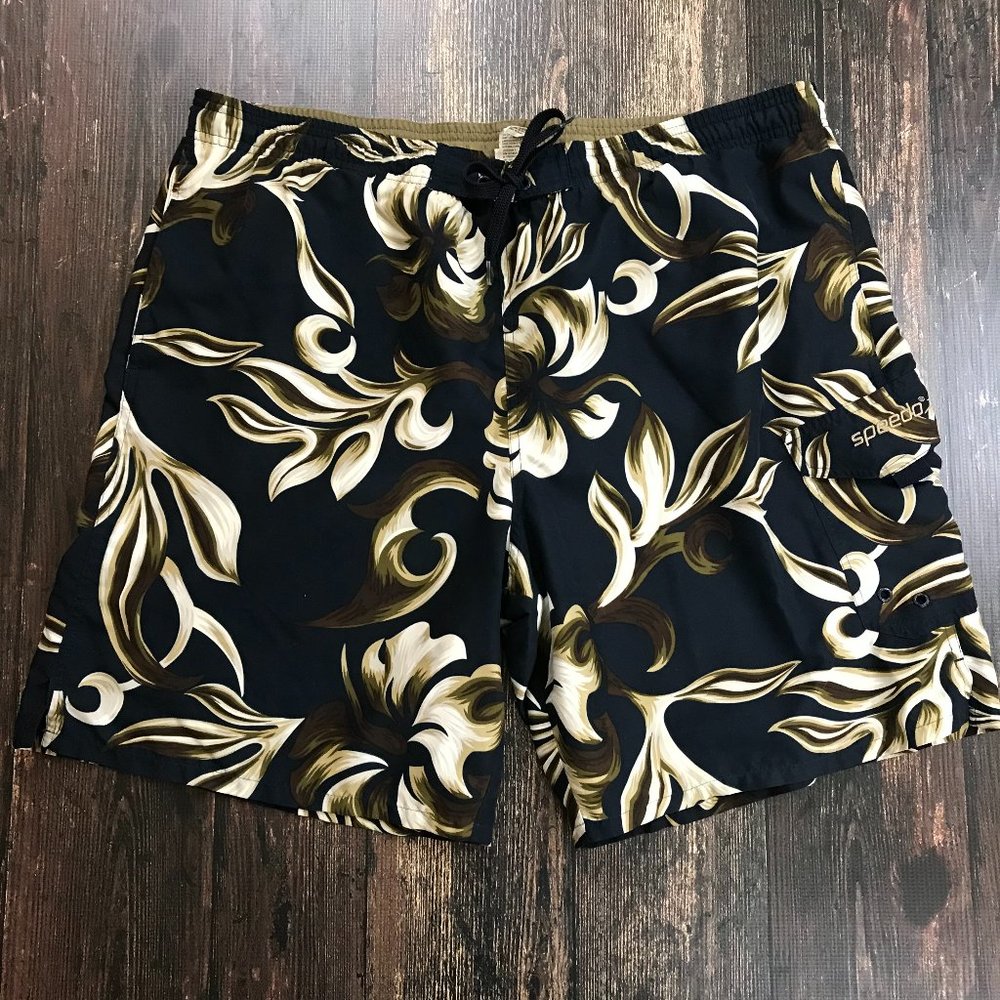 SPEEDO Swim Trunks Large Hawaiian Board Shorts Mesh Lining Pockets Navy Brown